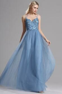 chic sky blue lace tulle slim straps a line long prom dress