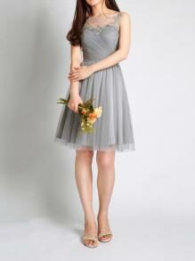 elegant illusion neck short knee length grey tulle bridesmaid dress