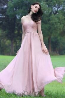 rose pink off shoulder ruched a line sash long chiffon prom dress