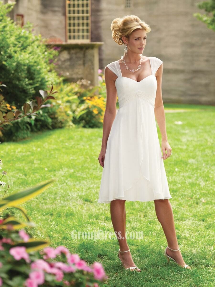tea length chiffon sweetheart a line bridal dress with gathered tapered straps